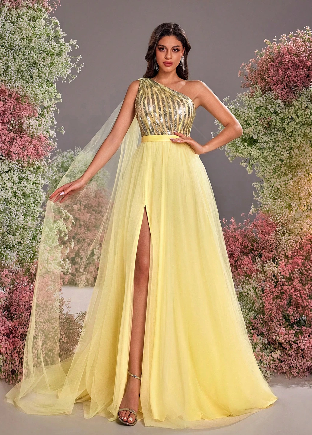Royal blue one-shoulder evening gown with pearl belt