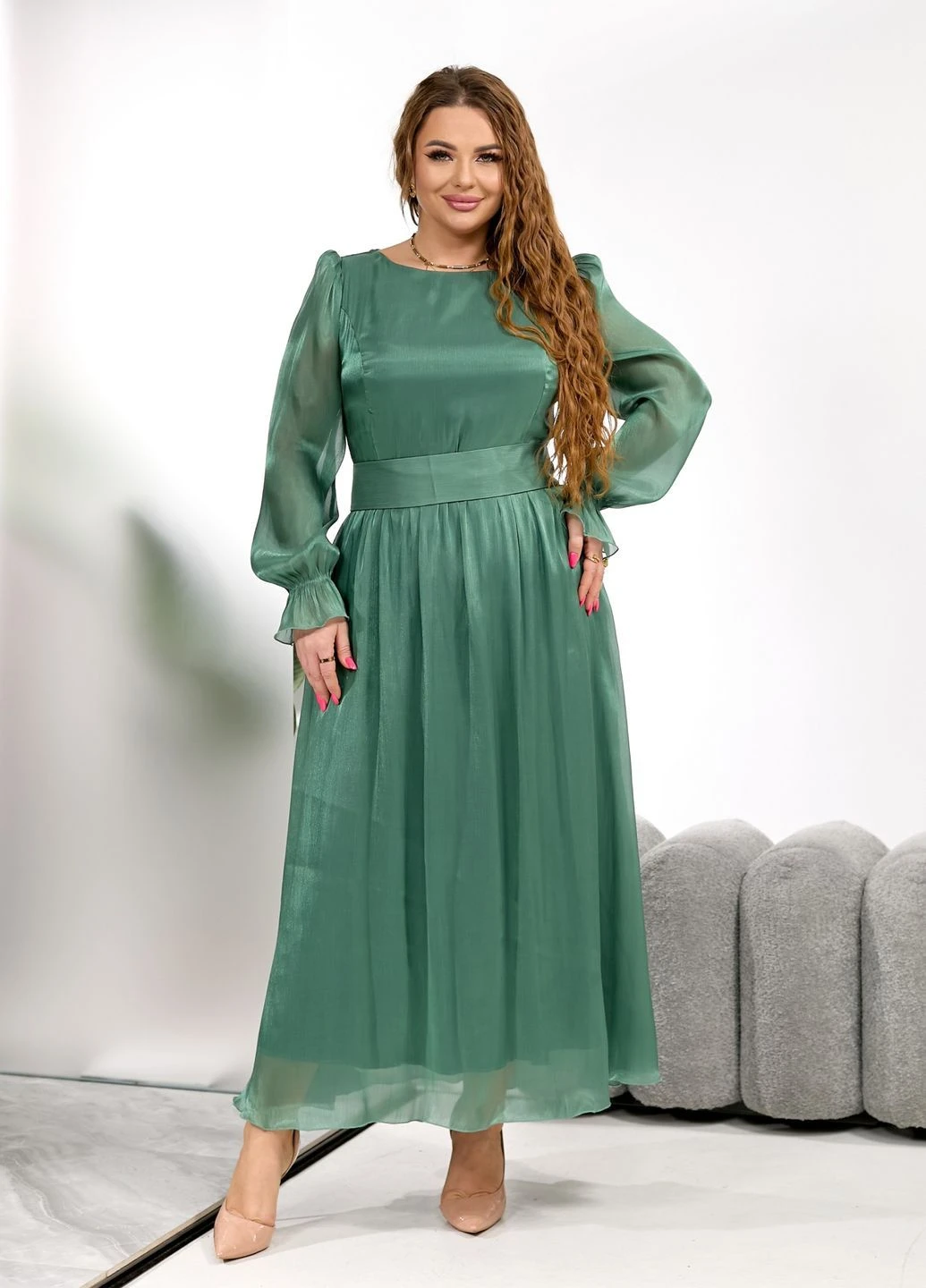 Teal off-shoulder satin gown with thigh slit