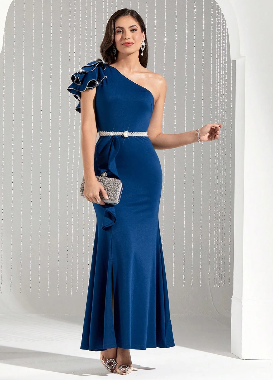 Red satin halter gown with side slit